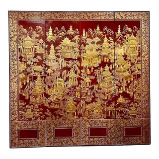 1980s Robert Crowder Four-Panel Chinoiserie Screen With Gold Leaf on Red Background For Sale