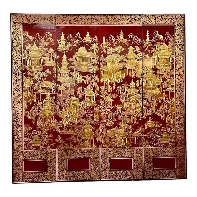 1980s Robert Crowder Four-Panel Chinoiserie Screen With Gold Leaf on Red Background For Sale