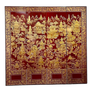 1980s Robert Crowder Four-Panel Chinoiserie Screen With Gold Leaf on Red Background