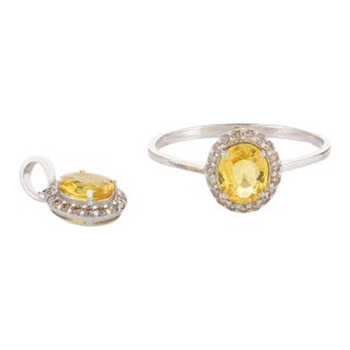 18k Gold Jewelry Set in Yellow Sapphire Diamond Pendant and Ring Size 7 - 2 Pieces For Sale