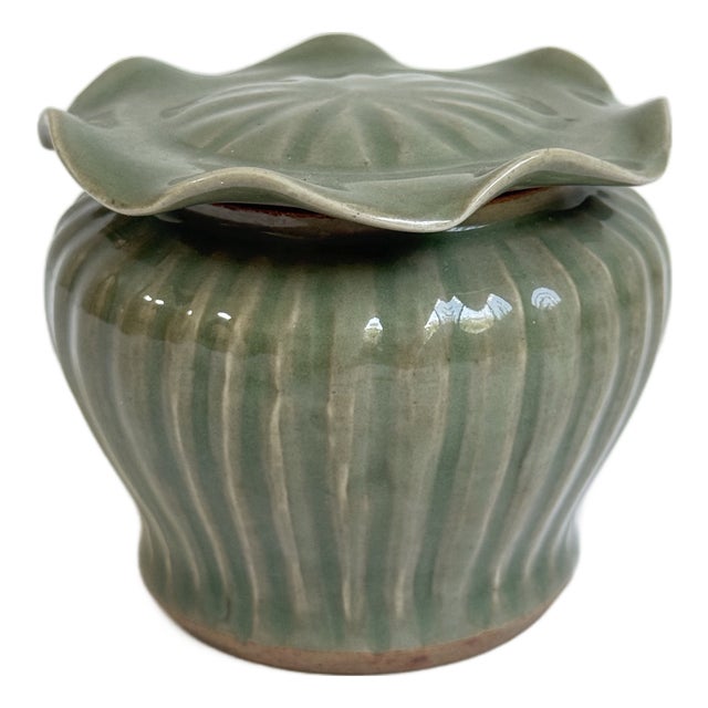 Modern Longquan-Style Celadon Glazed Covered Jar With Lotus Lid For Sale
