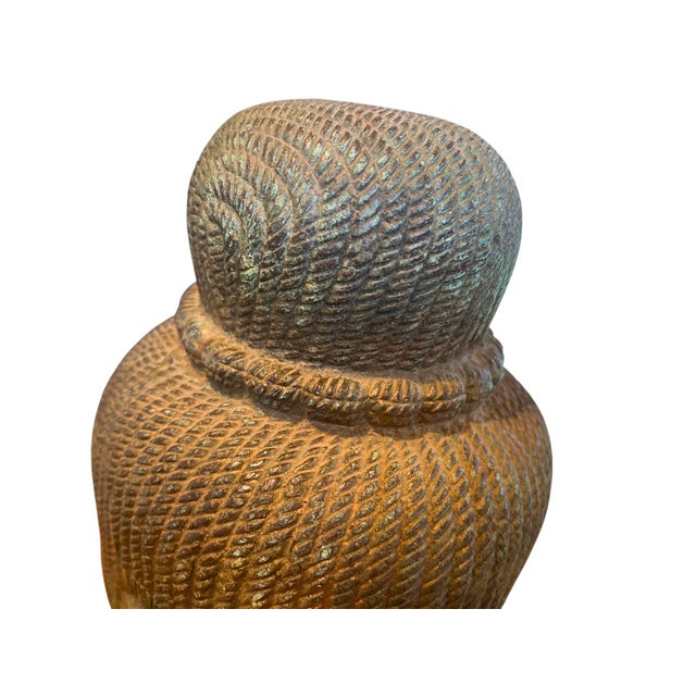 Green Antique Style Bronze Khmer Buddha Head Statue - Baphuon Style For Sale - Image 8 of 11