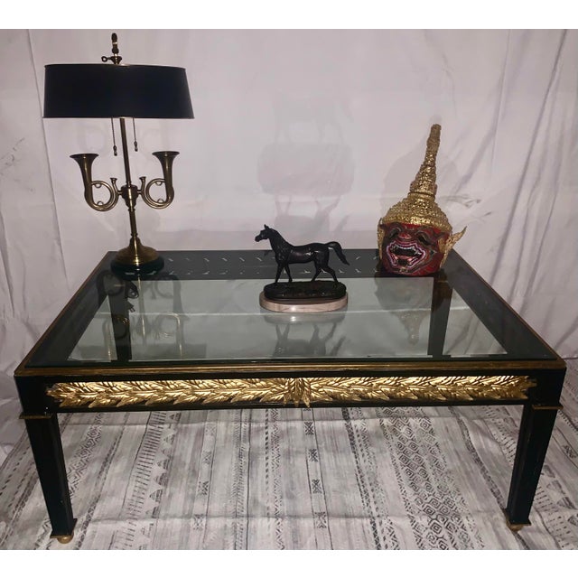 1950s 1950s Hollywood Regency Black Metal & Gilded Laurel Leaf Coffee Table With Beveled Glass For Sale - Image 5 of 10
