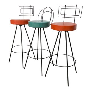 1950s Atomic Sculpted Wrought Iron Swivel Bar Stools - Set of 3 For Sale