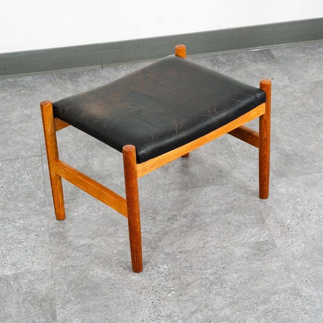 Mid Century Modern Ottoman Stool Swivel Black Solid Oak Wood Tufted Spottrup MCM For Sale - Image 11 of 12