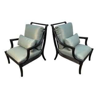 Mid-Century Chinese Chippendale Style Ebonized Bamboo Lounge Chairs by LaCor For Sale