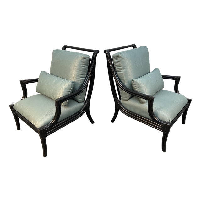 Mid-Century Chinese Chippendale Style Ebonized Bamboo Lounge Chairs by LaCor For Sale