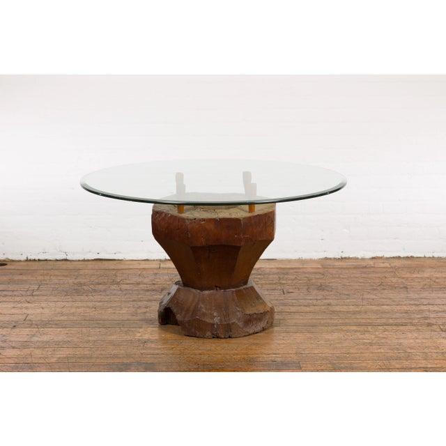 19th Century 19th Century Primitive Teak Wood Mortar Made into a Side Table Base, Glass not Included For Sale - Image 5 of 12