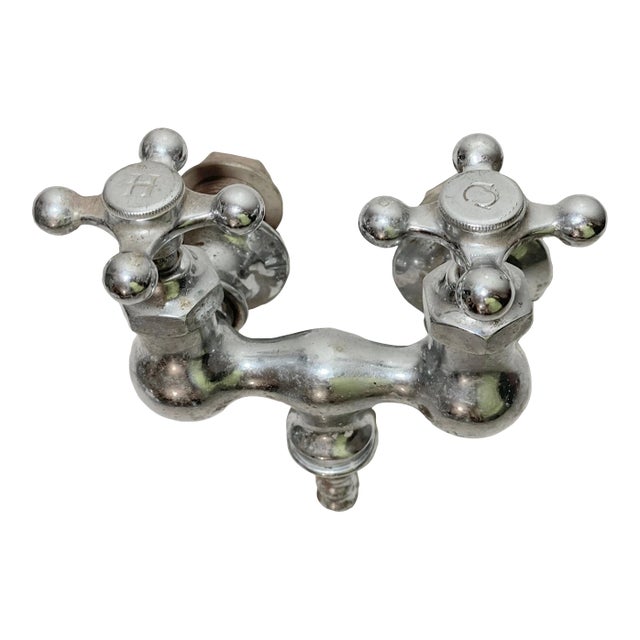 Antique Heavy Chrome Plated Brass Industrial Wall Faucet Fixture Hot Cold For Sale