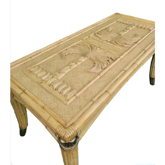Vintage Coastal Regency Double Palm Tree Carved Wicker Bamboo Desk Dining Table For Sale In West Palm - Image 6 of 12
