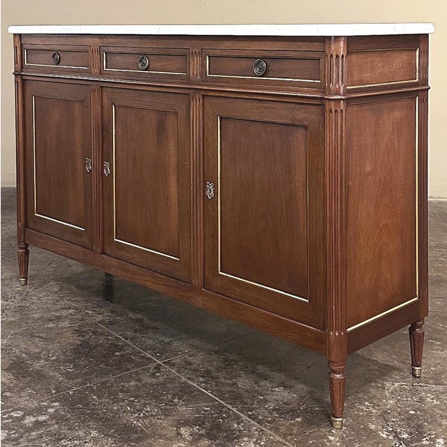 French Antique French Louis XVI Mahogany Buffet With Carrara Marble For Sale - Image 3 of 17