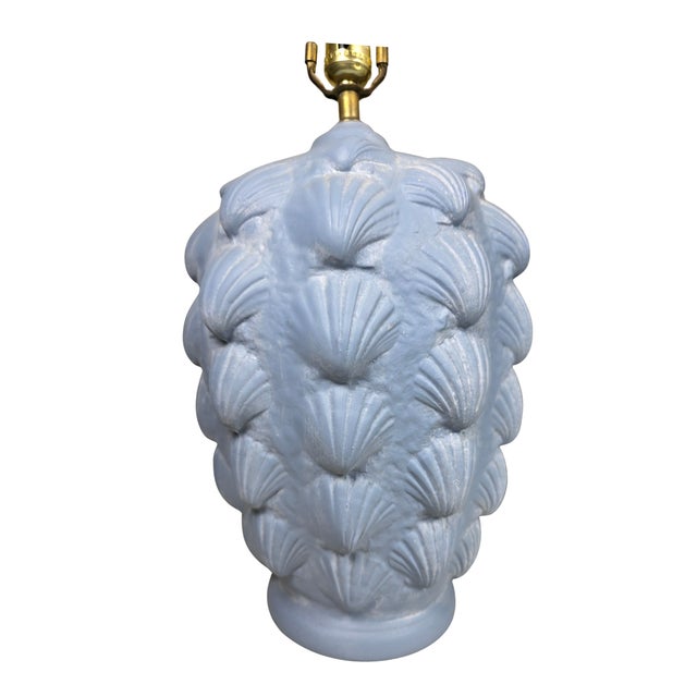 Textile Vintage Hollywood Regency Blue Scallop Shell Lamps |- Coastal Neoclassical - a Pair For Sale - Image 7 of 12