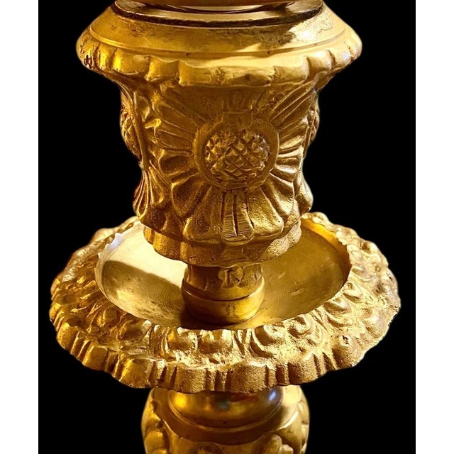 Vintage French Gilt Brass Candlestick Lamp With Frosted Etched Ruffled Shade For Sale - Image 9 of 10