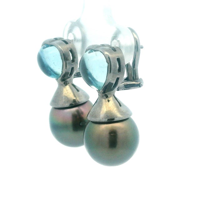 Aqua 18k Black Rhodium Heart Aquamarine & Black Pearl Drop Earrings, Pair For Sale - Image 8 of 10