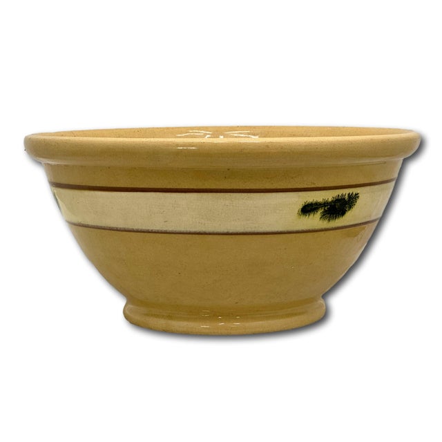 Large Size Antique Green Seaweed Decorated & Banded Yellow Ware Kitchen Mixing Bowl Circa Late 19th Century For Sale - Image 9 of 18