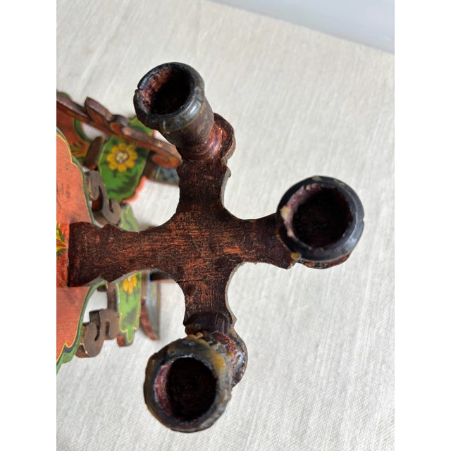Antique European Hand Painted Wood Folk Art Candle Sconces- a Pair For Sale - Image 12 of 17