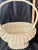 Vintage Cream Hand Woven Uniquely Shaped Wicker and Wood Basket Featuring a Tall Arched Wooden Handle and a Flared Rim by...