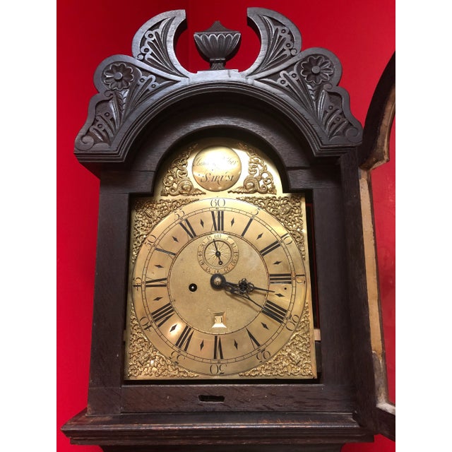 George II Period Manor House Carved Oak Tall Case Clock For Sale - Image 4 of 11