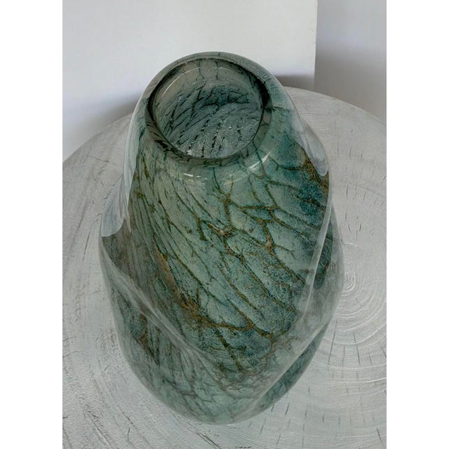 Stylish abstract Currey & Company Modern Blue Glass Tyne Vase, showroom floor sample