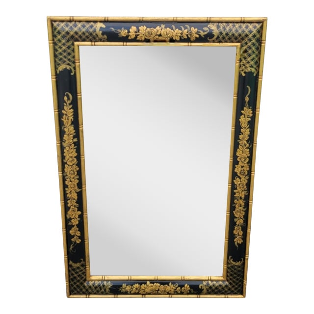 Vintage Chinoiserie Italian Black Gold Floral Regency Wall Mirror For Sale