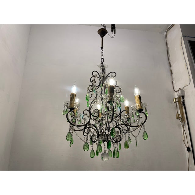 Green Macaroni Crystal Chandelier 1950’s Wrought Iron Frame Crystal Macaroni beads with green crystals Height with chain...