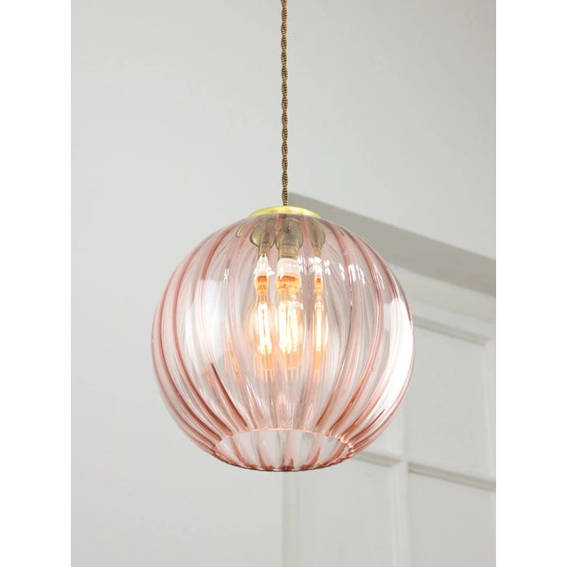 Mid-Century Modern Mid-Century Italian Pink Glass and Brass Pendant Lamp For Sale - Image 3 of 12