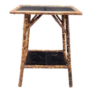 Mid 20th Century Vintage Tortoise Bamboo Lacquer Top Table With Embossed Leather on Lower Tier. For Sale