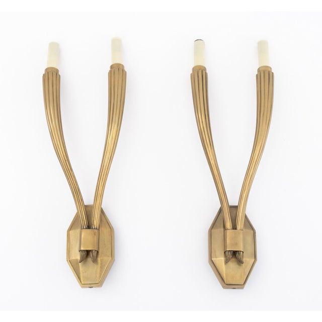 Early 21st Century Art Deco Style Brass 2-Branch Wall Sconces, Pair For Sale - Image 5 of 7