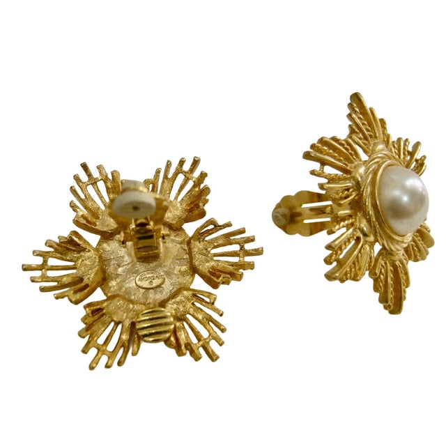 Modern 1980s Givenchy Stunning Gold-Plated Carved Starburst Glass Pearl Earrings, 2 Pieces For Sale - Image 3 of 3