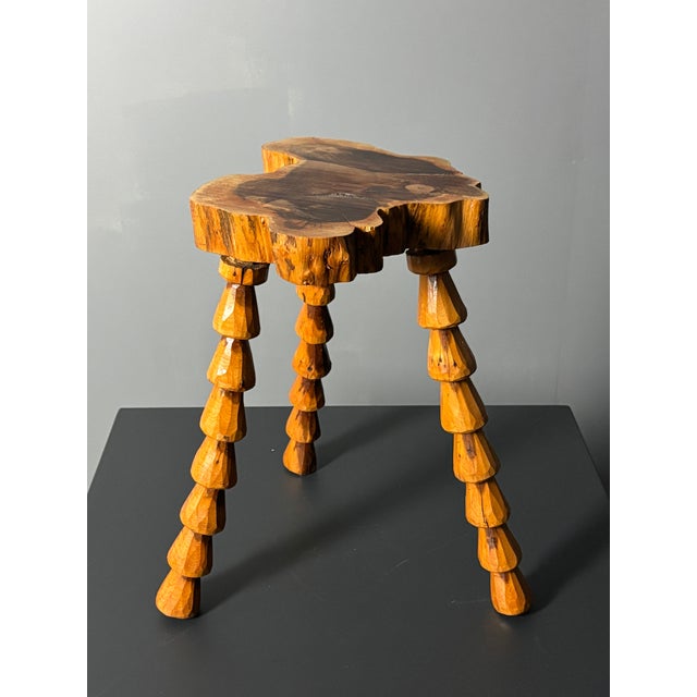Mid-Century Brutalist French Artisanal Handmade Wood Turned Tripod Stool, 1960s For Sale - Image 14 of 17