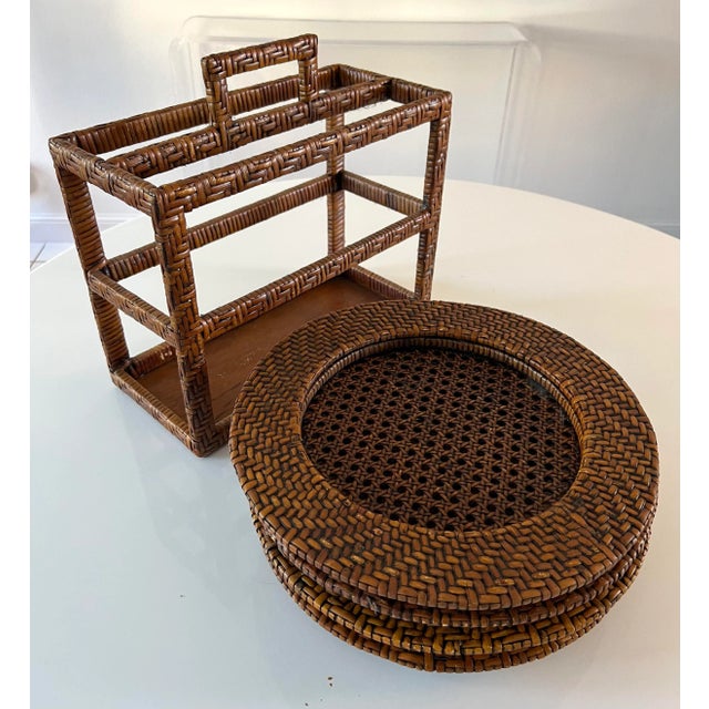 Vintage carrying case with a set of 4 Woven Rattan Chargers/Placemats. Can also use the carrying case for books or...