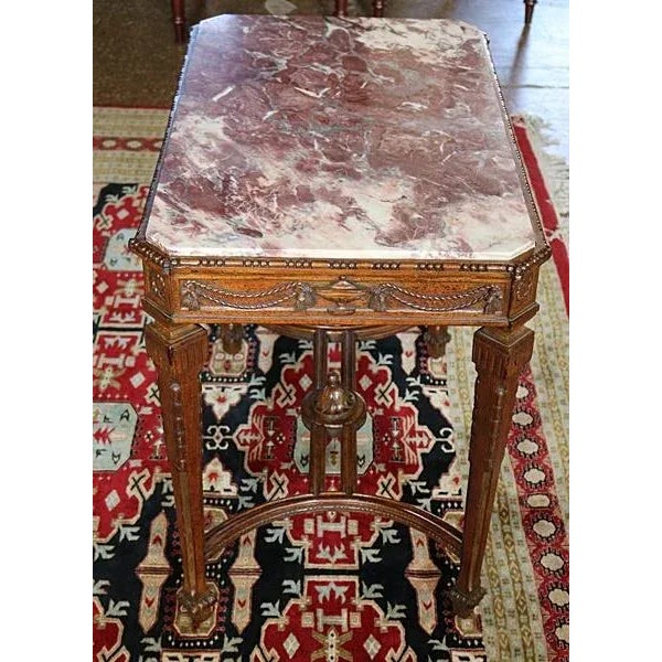 Early 20th Century Carved Oak Louis XVI Style Marble Top Occasional Table by Karpen For Sale - Image 5 of 12
