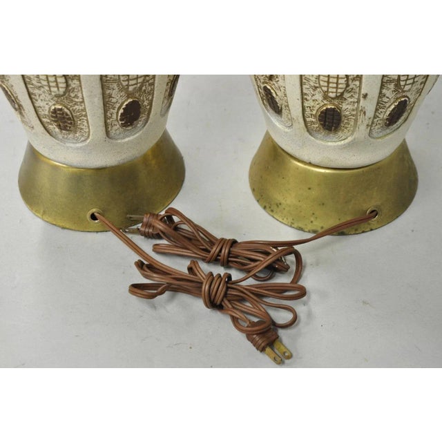 Vintage Mid Century Modern Ceramic Pottery Sculpted Teak Wood Table Lamps - Pair For Sale - Image 10 of 12