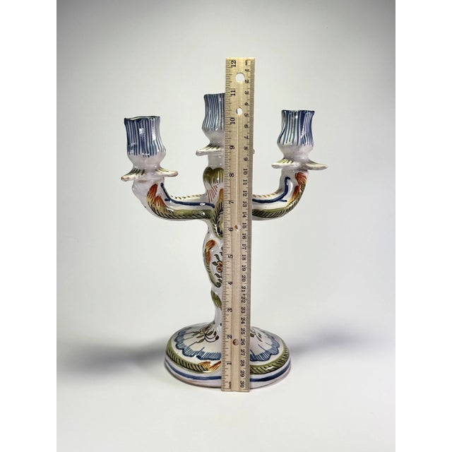 Mid-Century Modern Vintage French Faience Hand Painted Ceramic Candle Holder Candelabra For Sale - Image 3 of 4