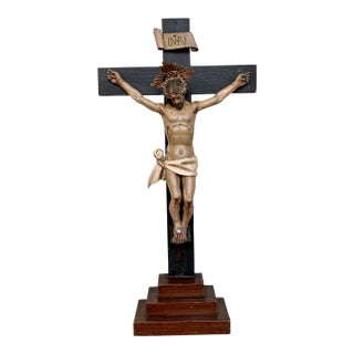 Early 20th Century Art Decò Hand Carved Wooden Crucifix with Stunning Bronze Corpus of Christ For Sale