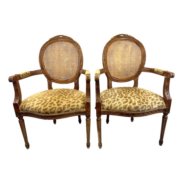 Vintage Louis XVI Style Carved Cane Back Armchairs With Leopard Fabric, a Pair For Sale