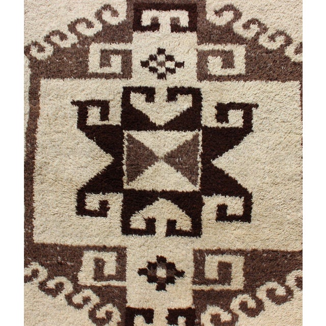 Bold Vintage Turkish Tulu Gallery Rug With Tribal Design in Dark Brown and Cream 3'4 X 11'2 For Sale - Image 11 of 12