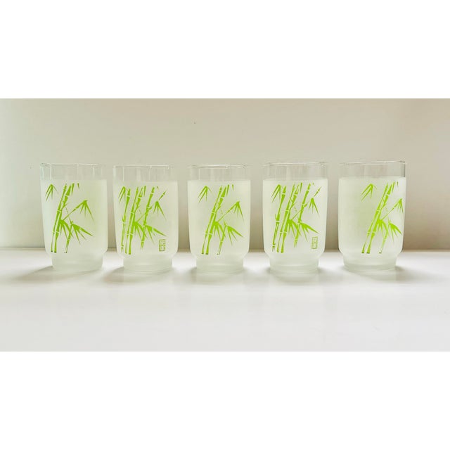 An interesting set of frosted glass short tumblers with a fresh green bamboo pattern.