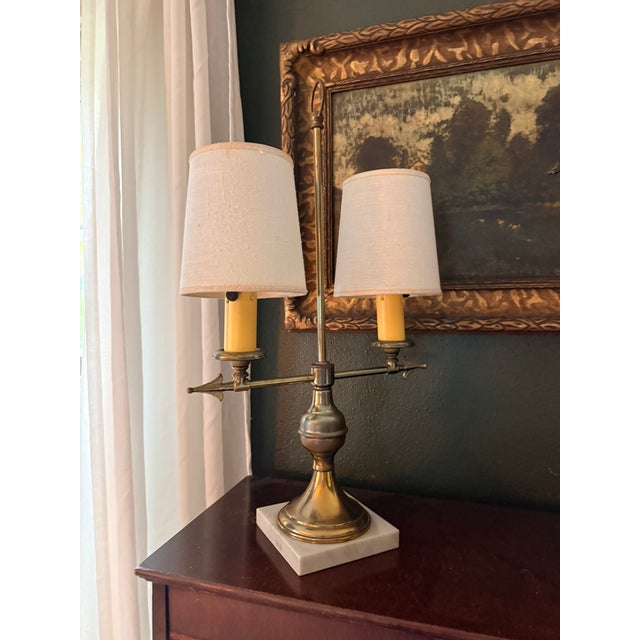 Vintage French Brass & Marble Bouillotte Lamp – Twin Arrow / Archer Table Lamp With Clip-on Shades For Sale - Image 4 of 11