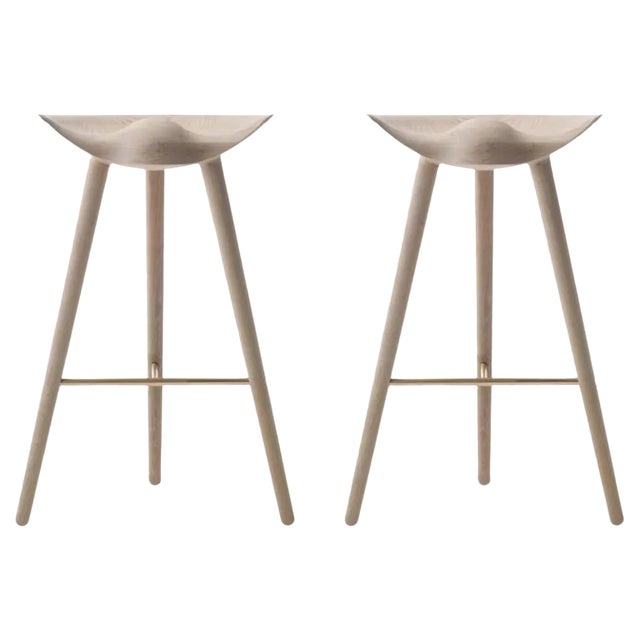 Set of Oak and Brass Bar Stools by Lassen For Sale