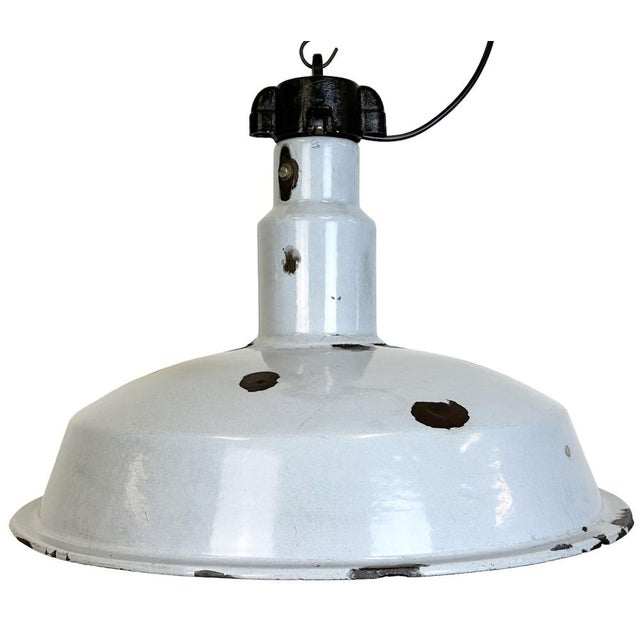 Large Industrial Grey Enamel Factory Lamp, 1950s For Sale - Image 17 of 17