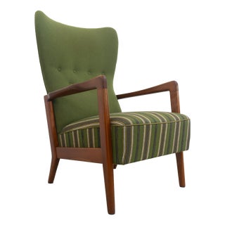 Danish Modern Lounge Chair in Beech and Green Wool by Fritz Hansen, 1940s For Sale