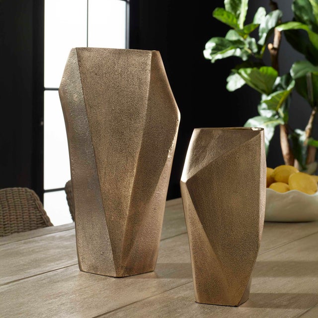 Cast Aluminum Set Of Vases Feature A Faceted, Asymmetrical Silhouette In An Antique Brass Finish With Dark Bronze...