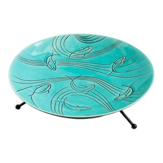 Large Mid Century Ceramic Fish Serving Bowl on Metal Base by Roselane Pottery For Sale
