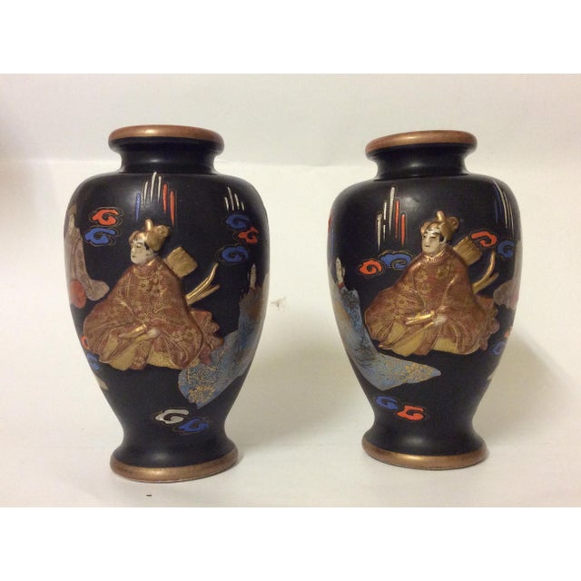 Black Ceramic Satsuma Vases, Late 19th Century, Set of 2 For Sale - Image 8 of 15