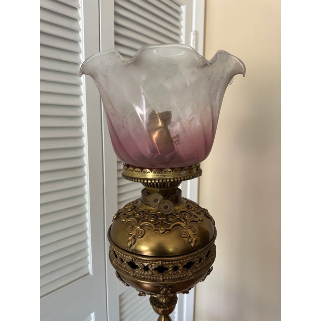 Victorian Brass Converted Oil Lamp Marble Side Table Floor Lamp For Sale - Image 16 of 16