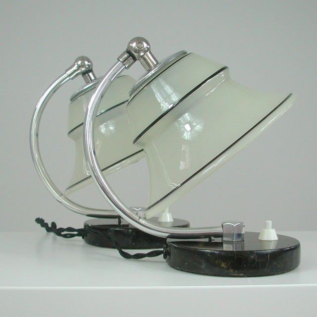 German Art Deco Enameled Satin Glass, Marble and Aluminum Table Lamps, 1930s, Set of 2 For Sale - Image 14 of 18