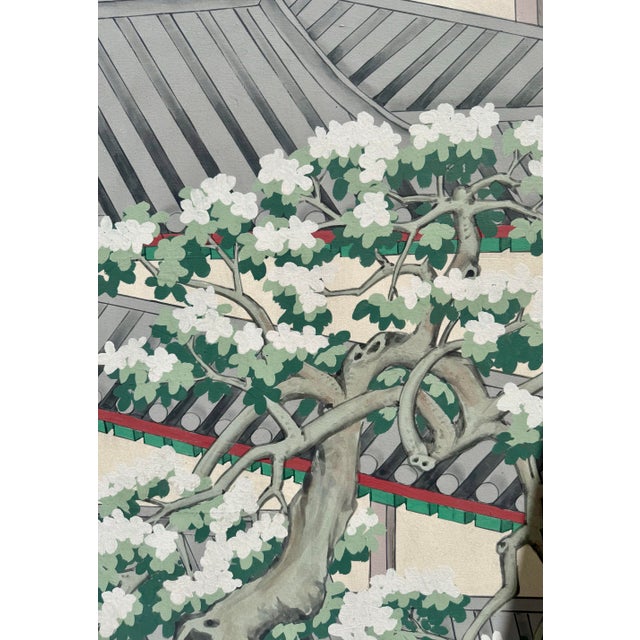 Grand-Scale Chinese Hand-Painted 6 Panel Folding Screen Room of Waterfront Village For Sale In Los Angeles - Image 6 of 11