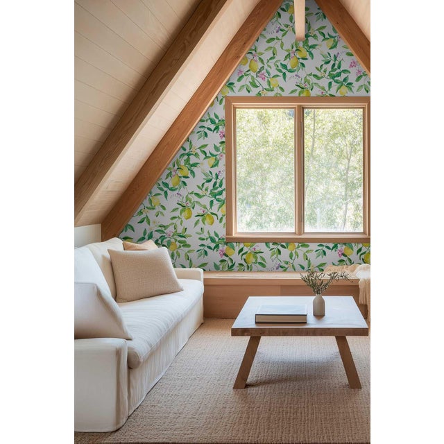 Limoncello Floral & Lemon Grasscloth Wallpaper by House Party | White Blossom | 8 Yards For Sale In Charlotte - Image 6 of 7