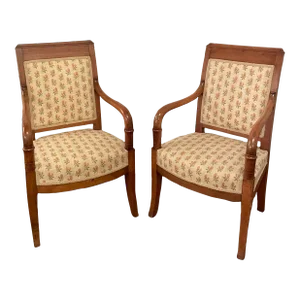 Antique Directoire Style Upholstered Arm Chairs / Fauteuils - a Pair